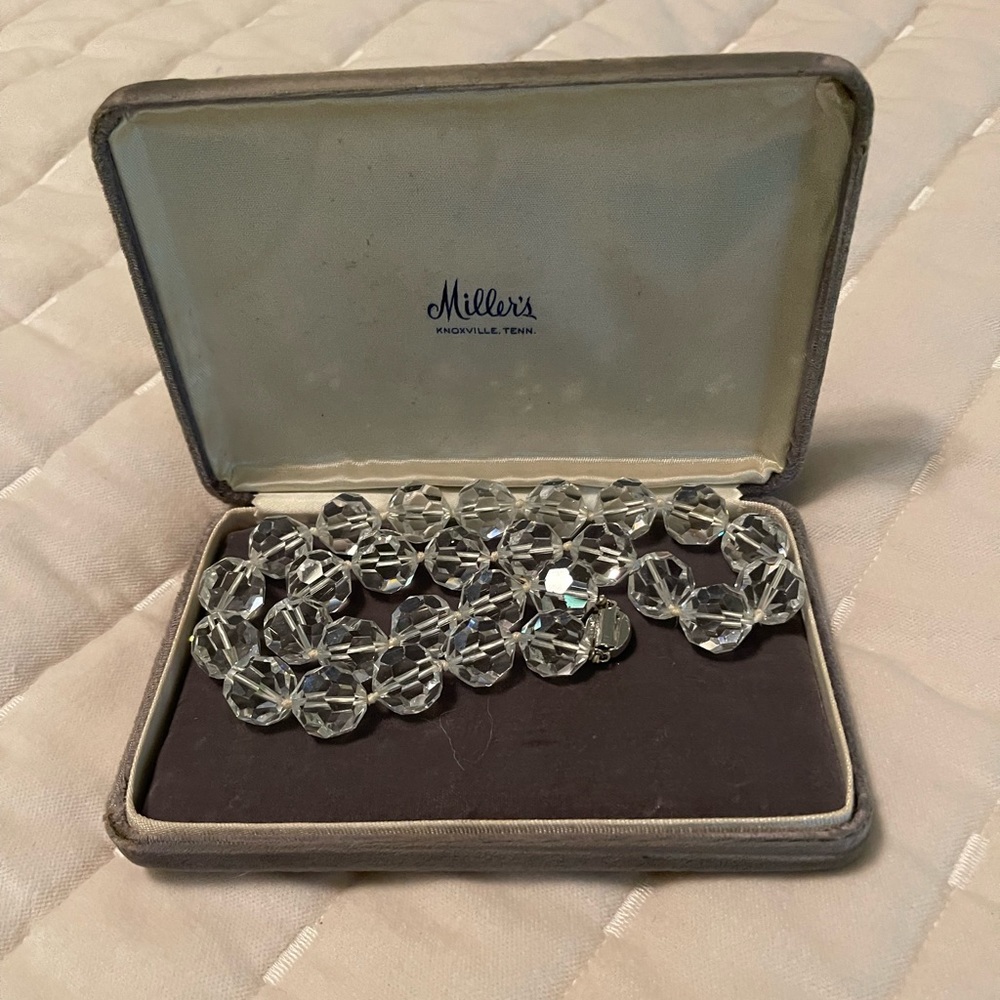 Vintage Salo Crystal Aurora Borealis Bead Necklace Silver Clasp 20”